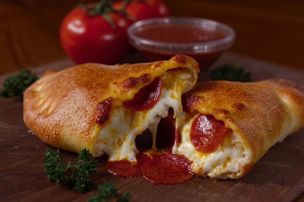 Best pizza in Fort Collins - D.P. Dough calzone cut open with pepperoni and cheese spilling out