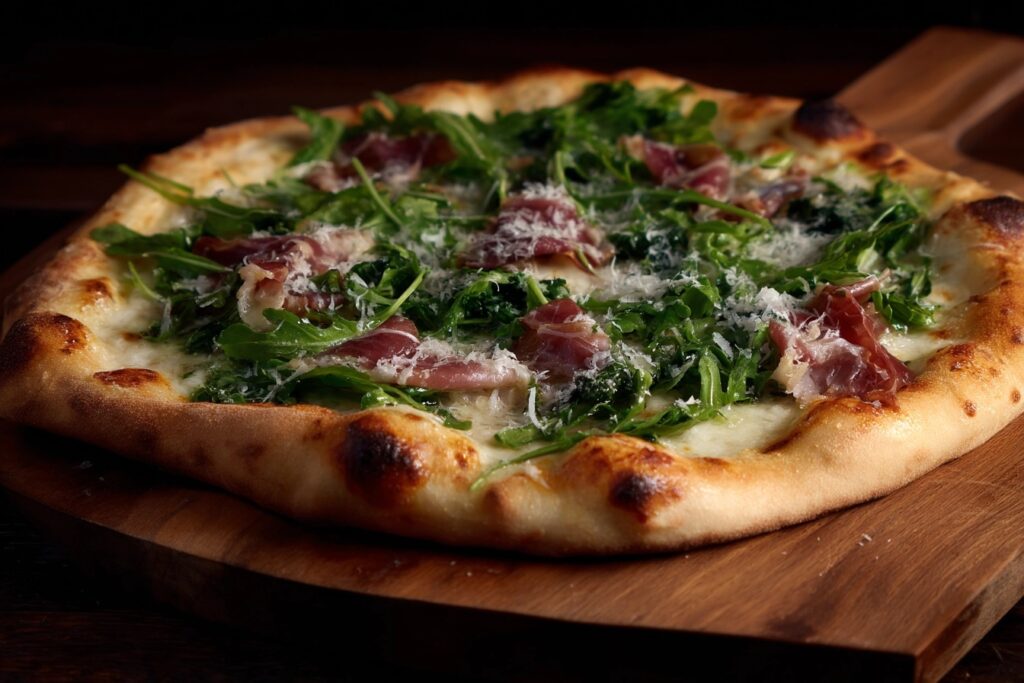 Best pizza in Fort Collins - Wood-fired pizza at Otto Pint topped with arugula and prosciutto on a wooden board