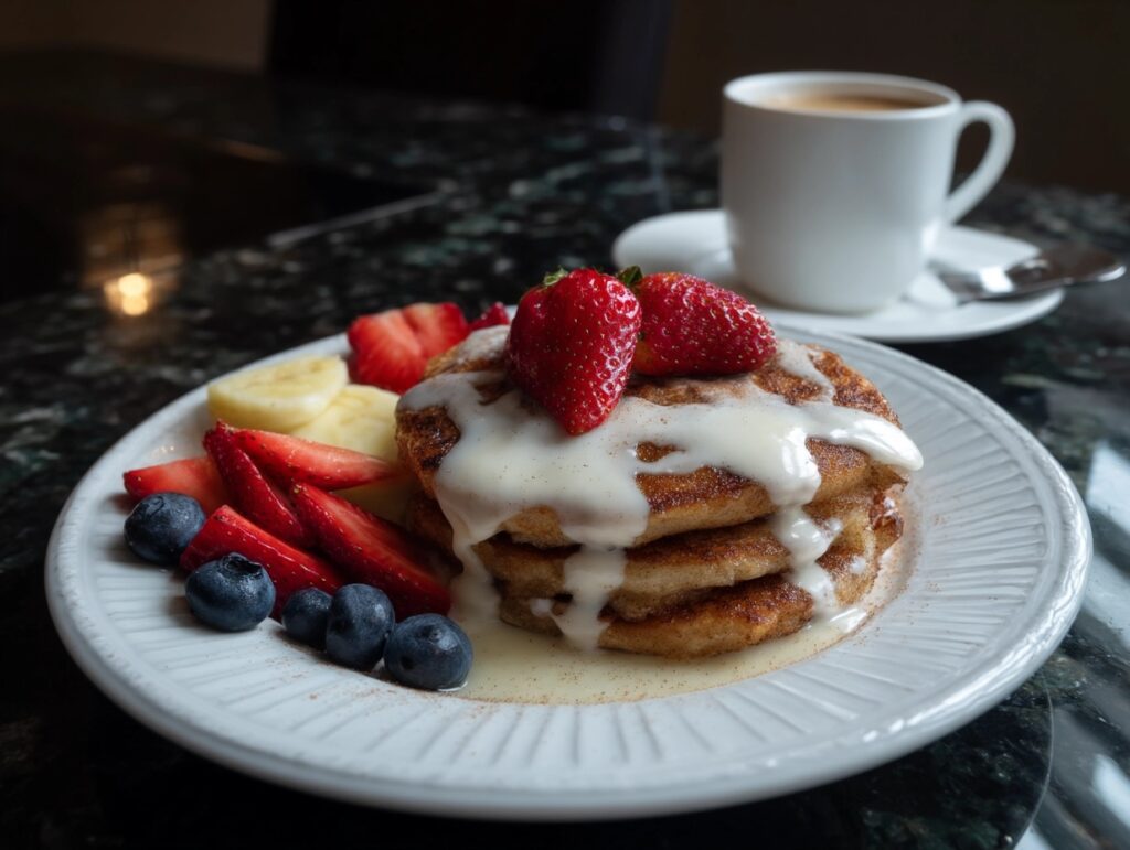 Best Breakfast in Estes Park - Cinnamon Roll Pancakes with a side of fresh fruit