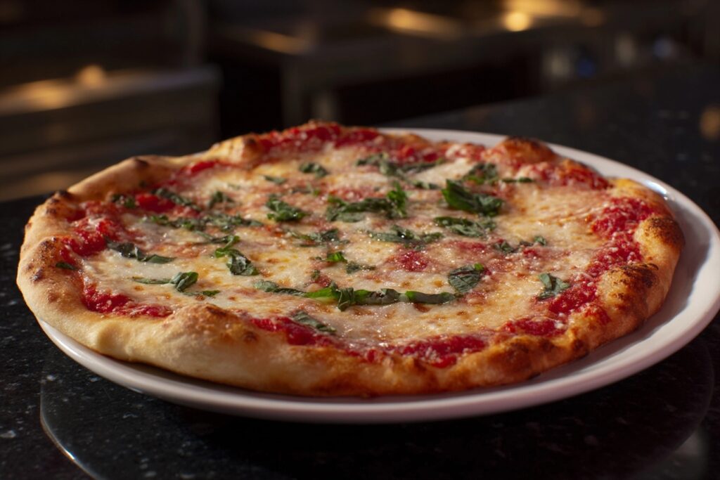 Best pizza in Fort Collins - Authentic Neapolitan Margherita pizza with fresh basil on ceramic plate