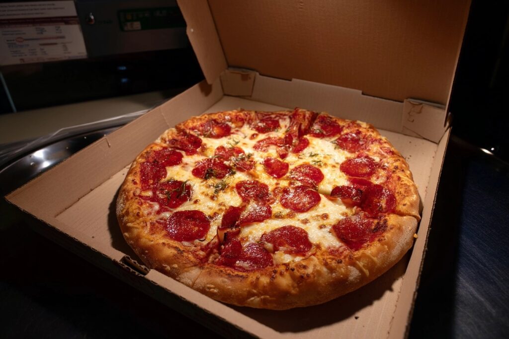 Best pizza in Fort Collins - Mama Roni’s pepperoni pizza in open takeout box on kitchen counter