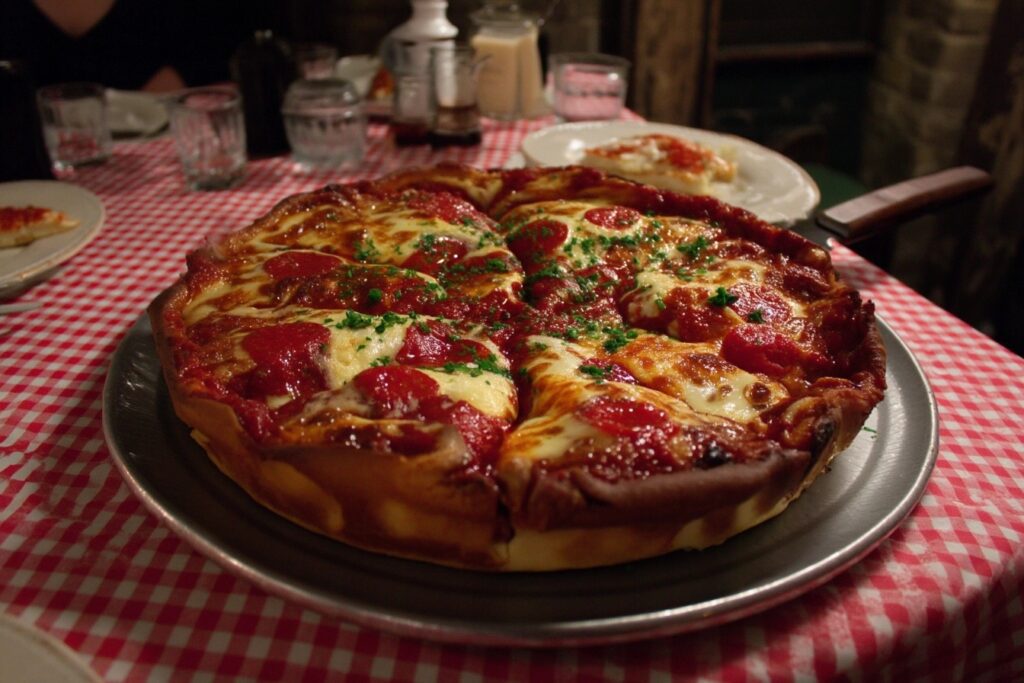 Best pizza in Fort Collins - Chicago-style deep dish at Panhandler's on cast iron pan