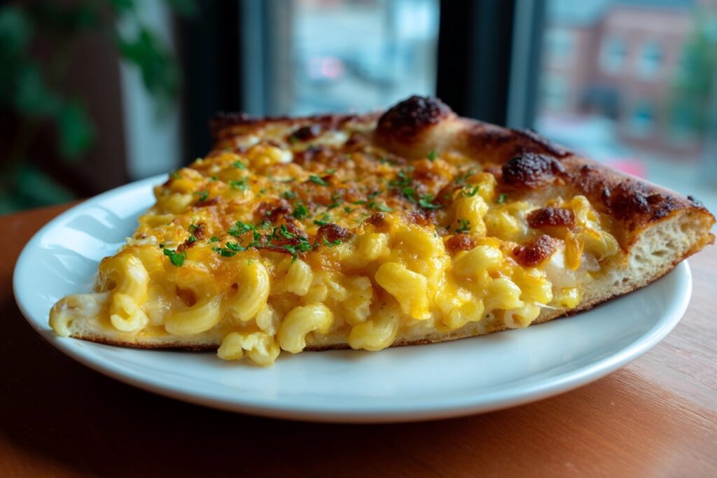 Best pizza in Fort Collins - Slyce Pizza Co. slice with mac and cheese topping on white plate