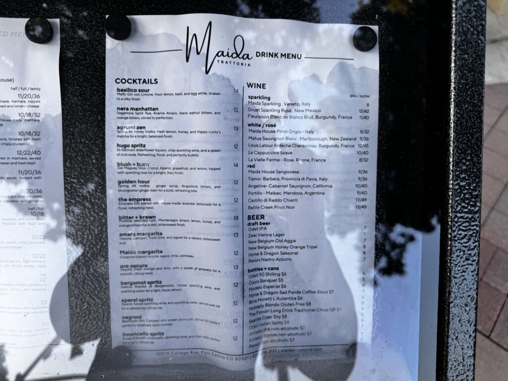 Menu at Maida Trattoria in old town Fort Collins